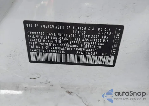 2019 Volkswagen Jetta 1.4T R-Line/1.4T S/1.4T Se z USA, uszkodzony, nr VIN 3VWC57BU0KM056895